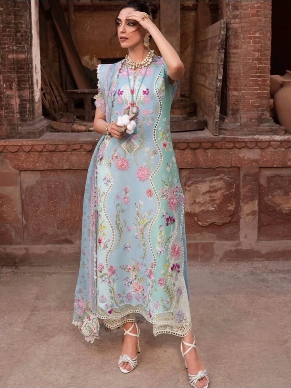 Light Blue Floral Embroidered Maxi Dress with Lace Trim